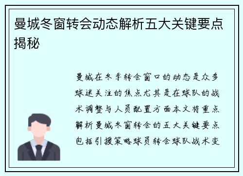 曼城冬窗转会动态解析五大关键要点揭秘 曼城冬窗转会动态解析五大关键要点揭秘